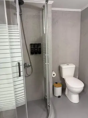 a bathroom with a toilet and a glass shower at Oneiro Apartment in Kounoupidhianá