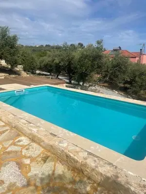 a large blue swimming pool with trees in the background at villa Elaionas in Tsivarás