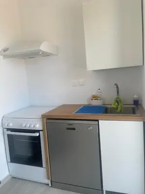a small kitchen with a stove and a sink at villa Elaionas in Tsivarás