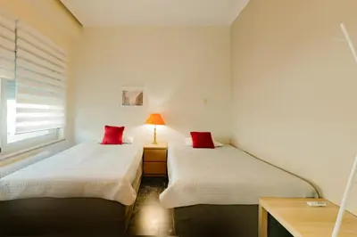 two beds in a small room with red pillows at Leda's Nea Chora Flat, Near Beach and Old Port in Chania Town