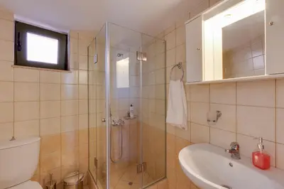 a bathroom with a shower and a toilet and a sink at The Yellow Veranda - Close to Ancient Olive Tree of Vouves in Áno Voúvai