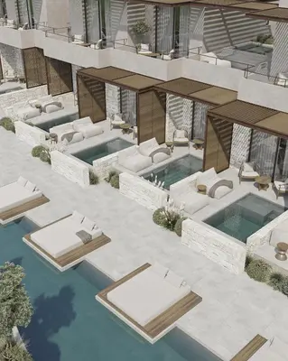 an architectural rendering of a pool with chaise lounge chairs and a swimming pool at Okeanis Elysium in Daratso