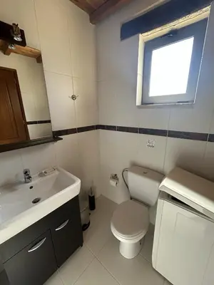 a bathroom with a toilet and a sink and a window at Villa Santouraki in Keramotí