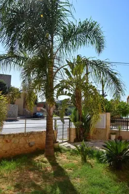a palm tree in a yard next to a fence at Apartment Rubini 1 by Interhome in Agia Marina Nea Kydonias