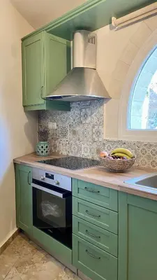 a kitchen with green cabinets and a sink at Cellar - Shared Pool & Nature Views in Spiliá