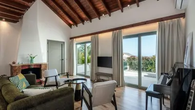 a living room with a couch and a fireplace at Two Seaview Villas With Elegant Design in Agios Onoufrios