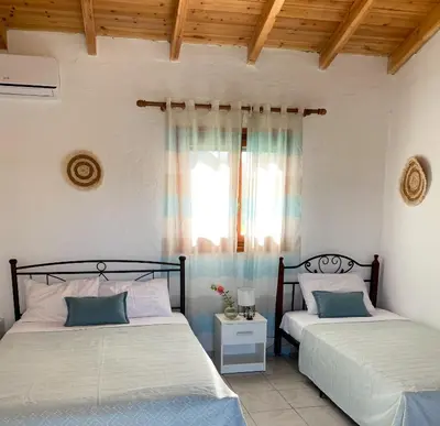 a bedroom with two beds and a window at Alkis Olive Grove Cottage in Vasilópoulon