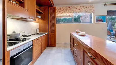a kitchen with wooden cabinets and a stove top oven at Lithos Serenity in Argoulidhés