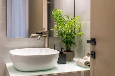 a bathroom with a white bowl sink and a plant at Elan Stay in Chania Town