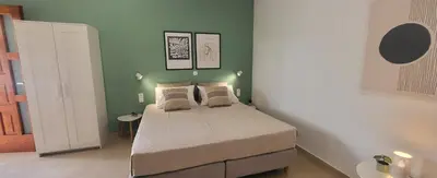 a bedroom with a bed in a room with green walls at Katerina Sea Apartments in Chania Town