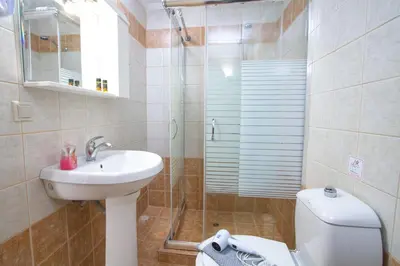 a bathroom with a toilet and a sink and a shower at Agarathos Tradiitonal Apartments & Rooms with Pool Kaliviani -On the road to Balos in Kissamos