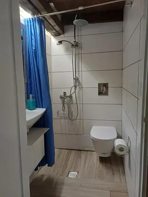 a bathroom with a shower and a toilet and a sink at Old Stone House in Chania Town
