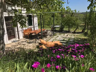 a patio with a table and flowers in the yard at Temenia House in Teménia