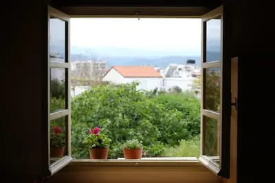 an open window with potted plants on a window sill at Fivos Pension in Chania Town