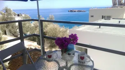 a balcony with a table with purple flowers and the ocean at John Akroyiali in Loutro