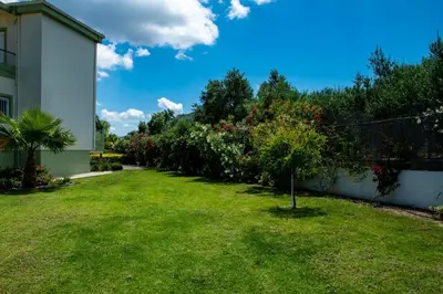 a yard with a green lawn with a fence and trees at Villa Dimokratia in Kolymvari