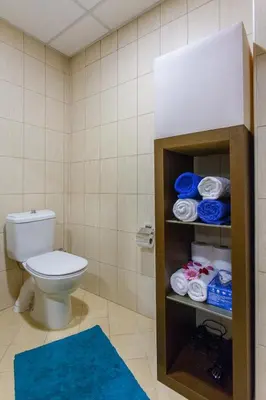 a bathroom with a toilet and a blue rug at Stefan's City Loft in Chania Town