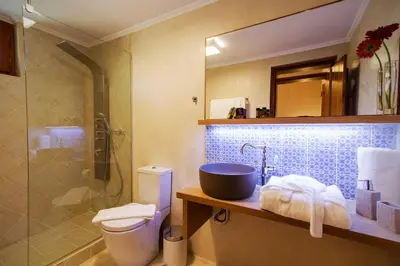 a bathroom with a sink and a toilet and a shower at Villa Christini in Kissamos