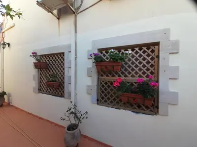 two windows with flower pots on a white wall at Nikos Studio in Kalyves