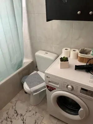 a bathroom with a washing machine and a toilet at Angellinas Apartments in Kato Daratso