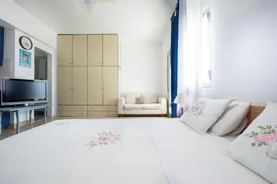 a white bedroom with a large bed and a tv at Irini House in Arménoi