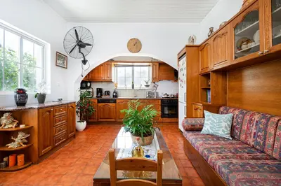 a living room with a couch and a table at Irini House in Arménoi