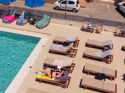 an overhead view of a pool on a cruise ship at Chrispy Beach Resort, Agia Marina in Agia Marina Nea Kydonias