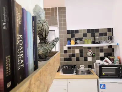 a shelf with books and a statue in a kitchen at City Square Apartment in Chania Town