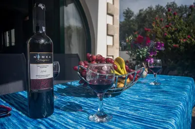 a bottle of wine and a bowl of fruit on a table at Villa Afou in Afráta