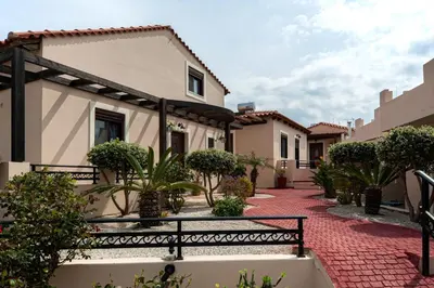 a courtyard of a house with plants and trees at Kyriaki's Cozy Apartments in Agia Marina Nea Kydonias