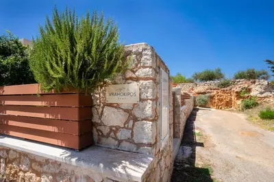 a plant in a pot on a stone wall at Vrahokipos Villa in Kounoupidhianá