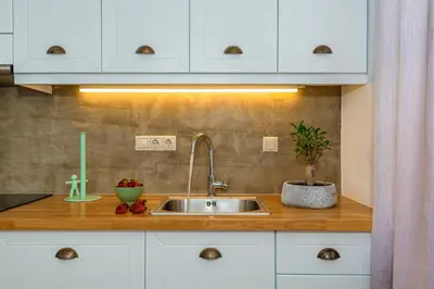 a kitchen counter with a sink and a potted plant at Lithinon Luxury Suites with Free Parking in Chania Town