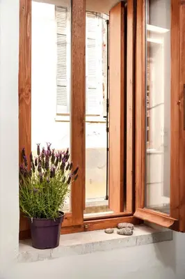 a window with a potted plant on a window sill at Casa Eleni in Chania Town