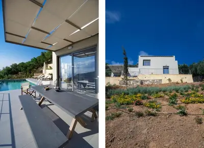 two pictures of a house with a picnic table at Villa Levande in Sfinárion
