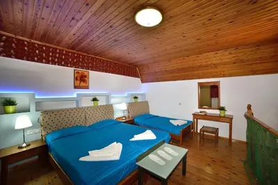 a bedroom with two beds and a wooden ceiling at Mythos- Platanias- Hotel -Apts in Plataniás