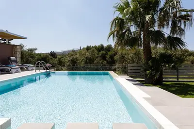 a swimming pool in a villa with a palm tree at Villa Veni in Kolymvari