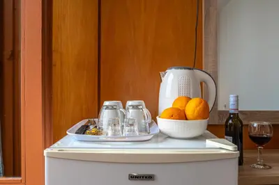 a counter with a blender and a bowl of oranges at Villa Venezia in Chania Town