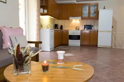 a kitchen with a table with a vase on it at Aoria Traditional House with Stuning Mountain View in Loúlos