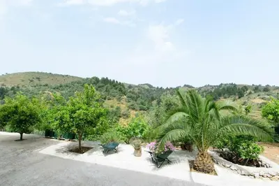 a garden with palm trees and chairs and a mountain at Aoria Traditional House with Stuning Mountain View in Loúlos