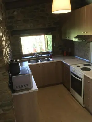 a kitchen with a sink and a stove top oven at Villa Casa Avocado in Tavronitis