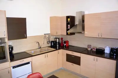 a kitchen with wooden cabinets and a sink at Olive Tree Hillside Apartment in Stalos
