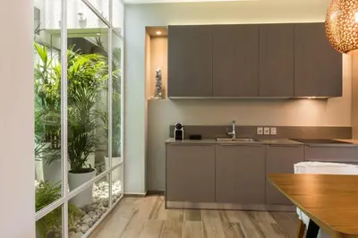 a kitchen with gray cabinets and a plant at No17 Pireos Street in Chania Town