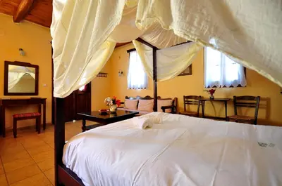 a bedroom with a white bed with a canopy at Elia Hotel & Spa in Áno Voúvai