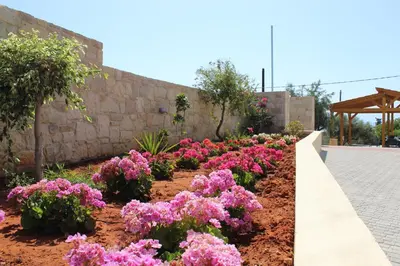 a garden of pink flowers next to a stone wall at Casa Manolesos in Chorafakia