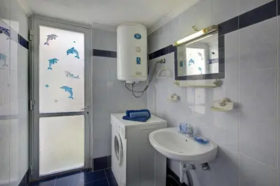 a bathroom with a sink and a washing machine at Traditional Cretan Country House (9klm from Elafonissi) in Plokamianá