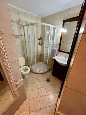 a bathroom with a shower and a toilet and a sink at Rosmarino in Kissamos