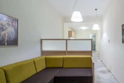 a green couch in a room with a painting at Sevach Apartments in Kalamaki Chanion