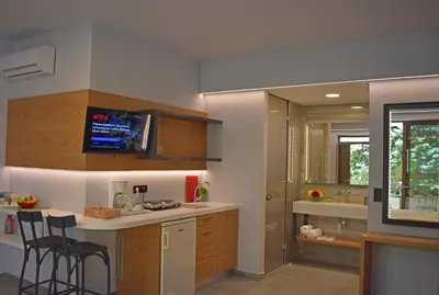 a kitchen with a counter and a sink and a shower at Ariadne Beach in Plataniás
