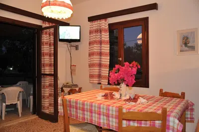 a table with a vase of pink flowers on it at Dolphin Apartments in Frangokastello
