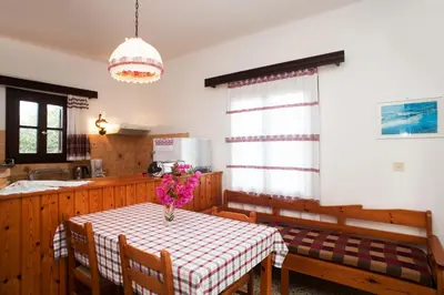 a kitchen with a table with a vase of flowers on it at Dolphin Apartments in Frangokastello